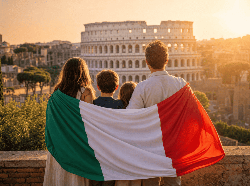 Família observando um ponto turístico da Itália, envolta pela bandeira italiana